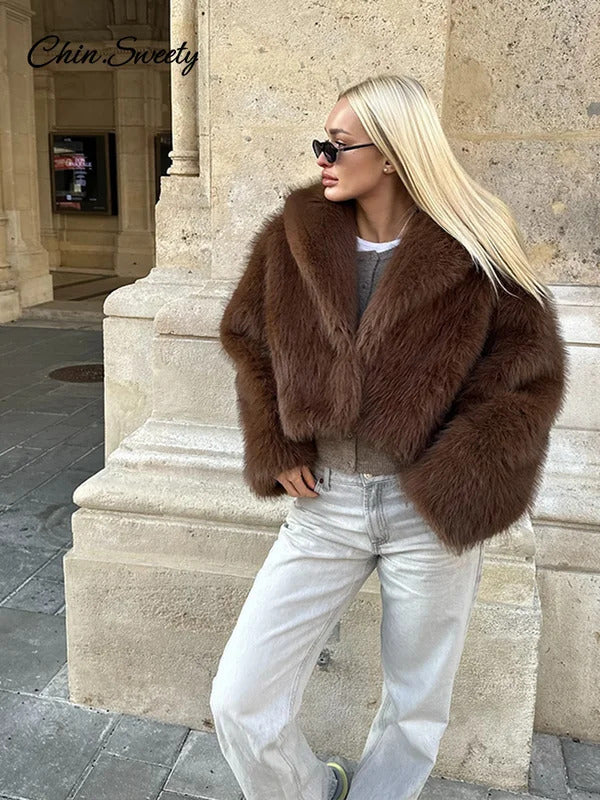 Brown Lapel Faux Fur Short Coat Women Fluffy Long Sleeve Warm Thick Loose Jacket 2024 Autumn Winter Lady High Street Outwear ﻿