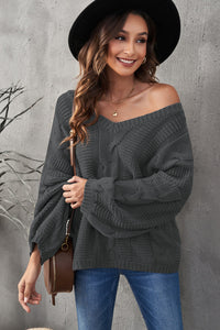 Dark Gray Bubblegum V-Neck Braided Knit Sweater