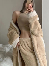 Women's Autumn Winter New Coral Velvet Sleepwear V-neck Thickened Warm Fleece Robe De Maison Luxury Home Suit