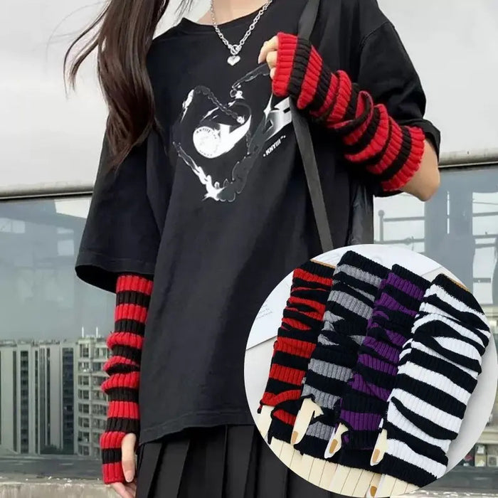 Fashion Lady Striped Long Fingerless Gloves Women Winter Arm Warmer Knitted Arm Sleeve Casual Elbow Gloves Christmas Gifts Hot