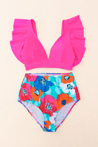 Rose V Neck Ruffles Floral Print High Waist Bikini