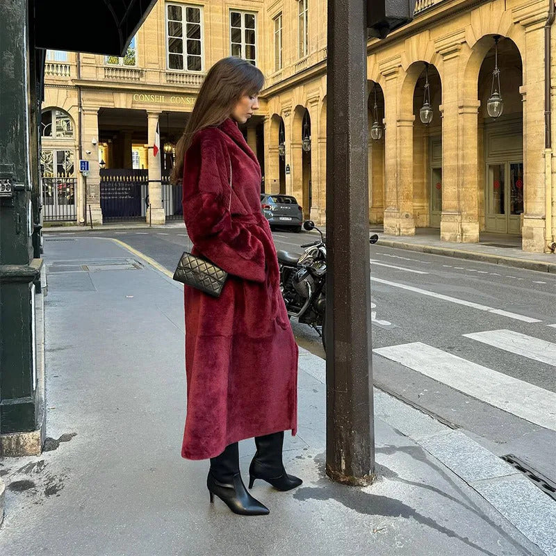 Burgundy Reversible Warm Faux Fur Leather Long Coat Elegant Women Belted Lapel Full Sleeve Overcoat 2024 Lady Thick Streetwear ﻿