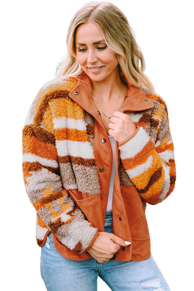 Brown Quilted Patch Pockets Aztec Furry Jacket