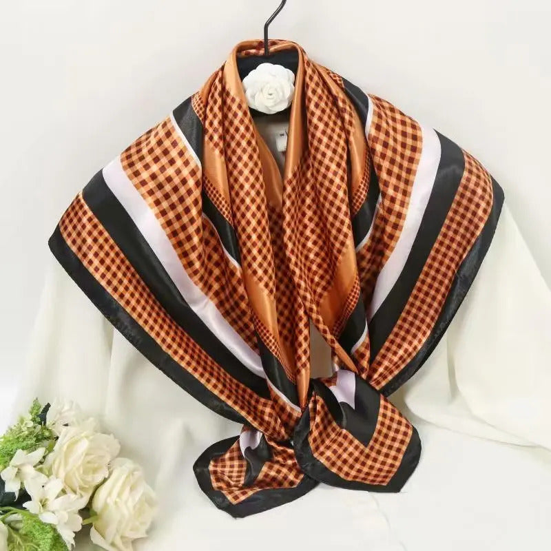 90*90cm Women Scarf Silk Feeling Hair Neck Square Brand Office bandanna muffler Waiter Flight Attendants Handkerchief Rings wrap