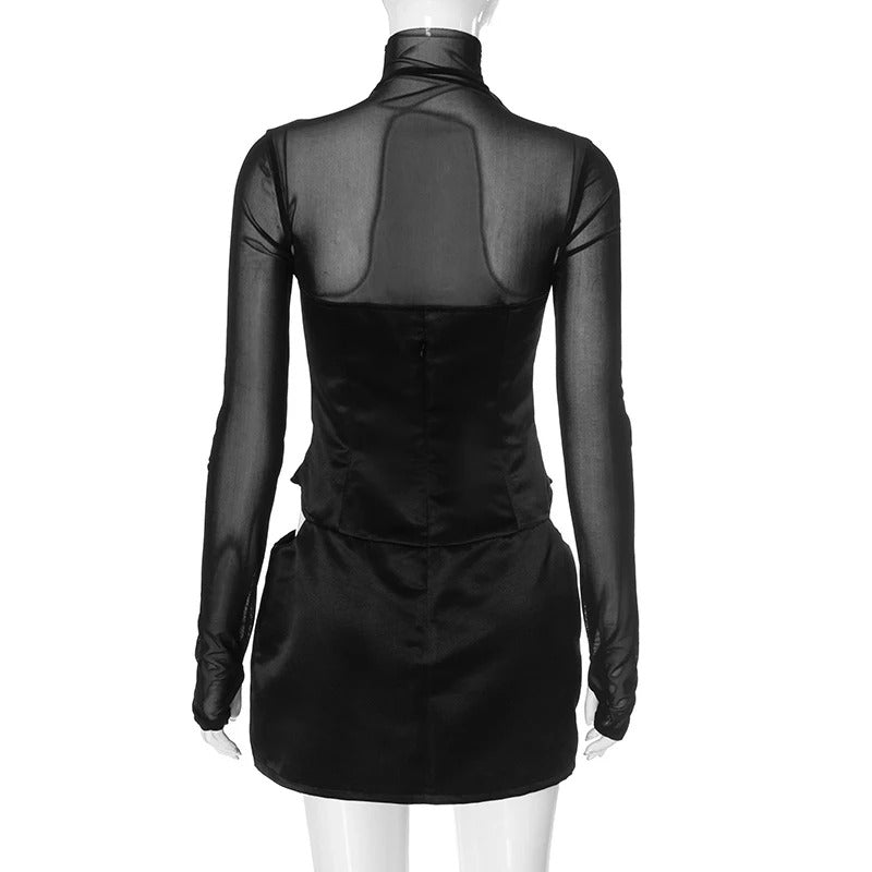 Sexy Mesh Turtleneck Long Sleeve Satin Cut Out Mini Dress Women Pullover Bodycon Short Club Evening Dresses Fashion Party Wear