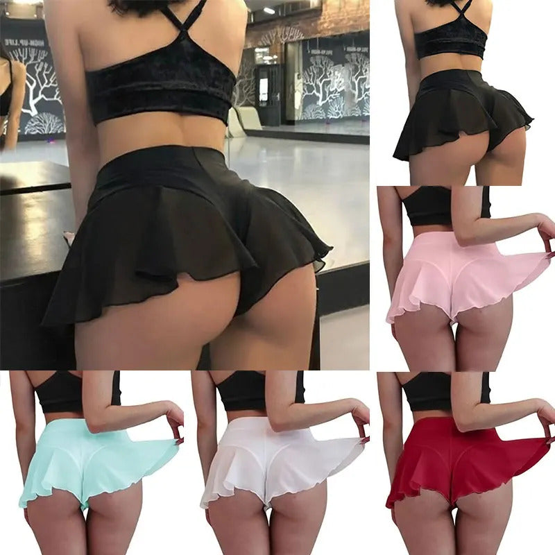 Womens Sexy Sheer Ruffles Skirt Shorts Transparent High Waist Mini Skirts Summer Sports Fitness Yoga Dance Hot Pants S-3XL