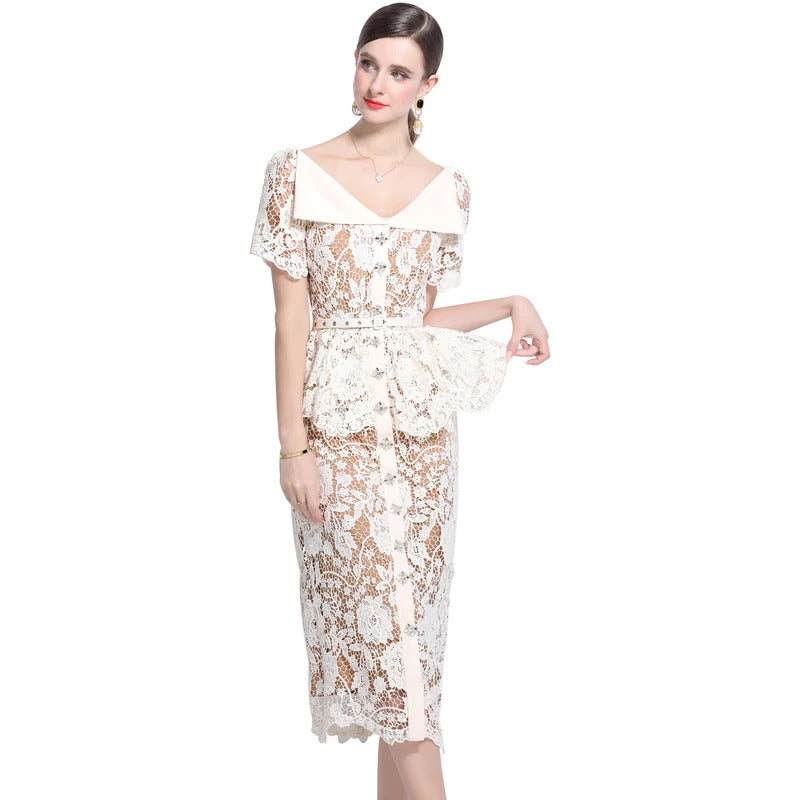 Quality Summer Beaded Diamonds Embroidery Beige White Lace Evening Dress Women Short Sleeve Ruffle Peplum Midi Prom Dresses Long