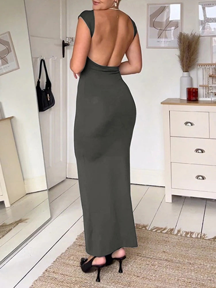 IAMSURE Elegant Basic Solid Backless Straight Dress Fashion Casual O-Neck Short Sleeveless Maxi Dresses For Women 20233 Summer