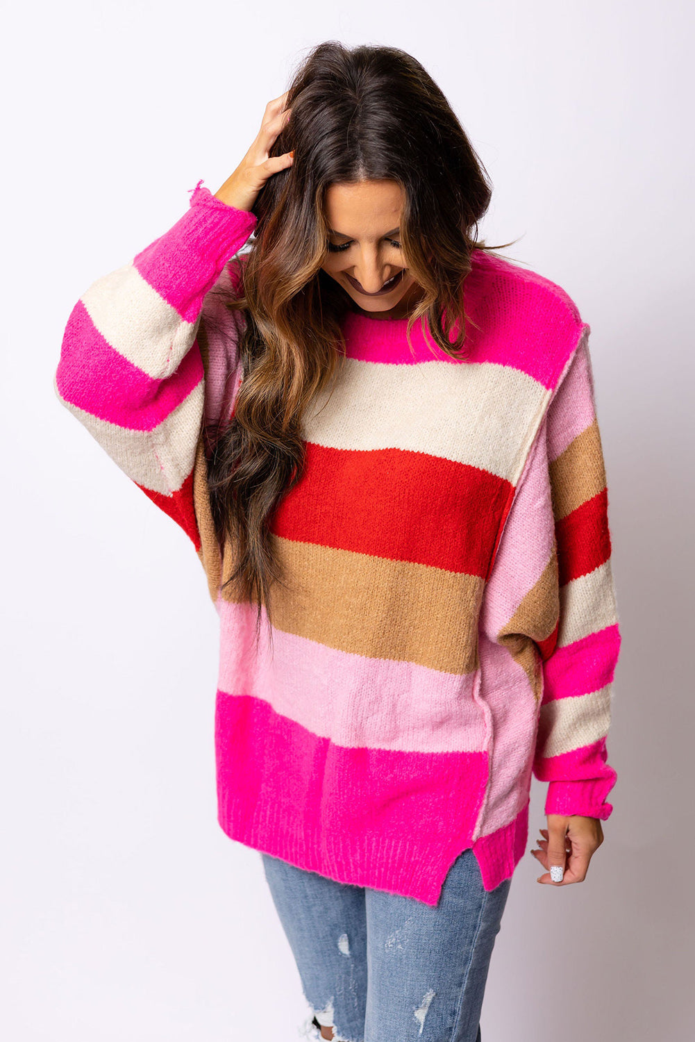 Fiery Red Mix Horizon Stripes Dolman Sleeve Sweater