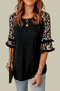 Blank Apparel - Black Ruffled Leopard Sleeve Patchwork Top