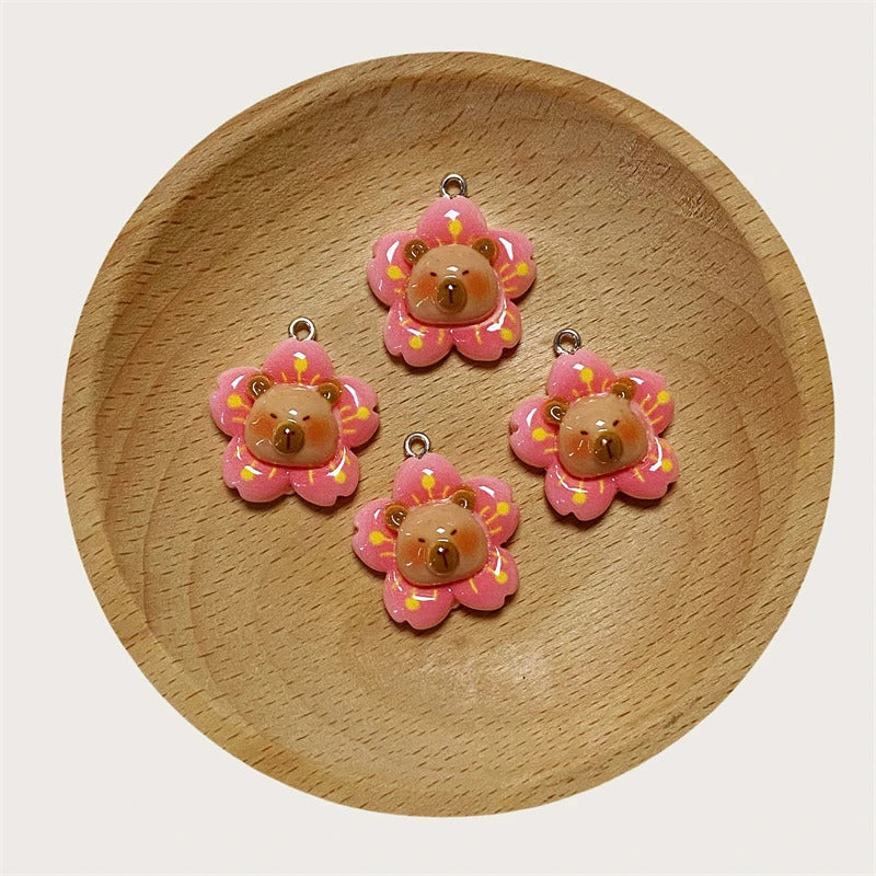 10pcs/Pack Cartoon Kapibala Resin Charms Cute Flower Orange Capybara Pendant DIY For Earring Keychains Jewelry Make