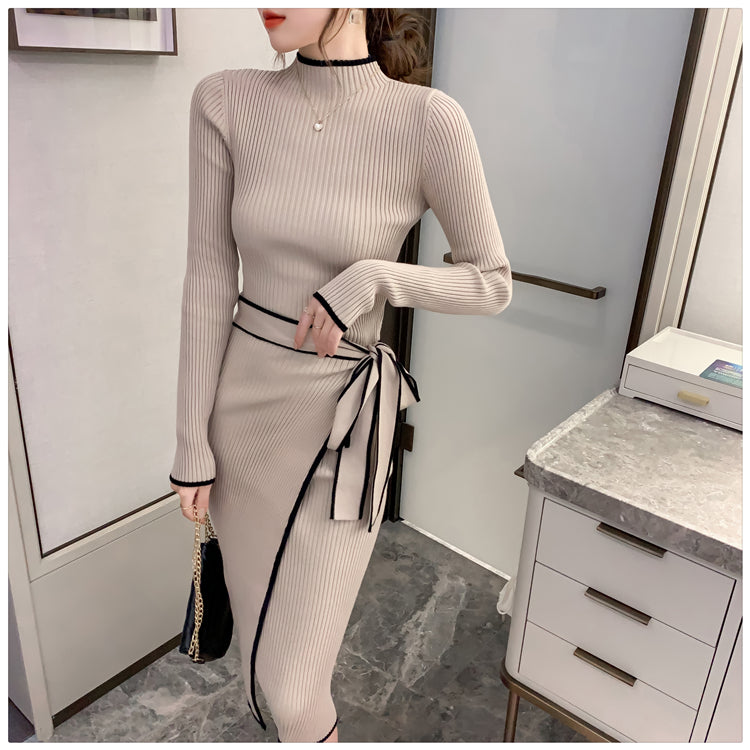 Women Knitted Dress New Autumn Winter Slim Lace-Up Long Sleeve Bottoming Sweater Skirt Elegant Fashion Office Female Vestidos