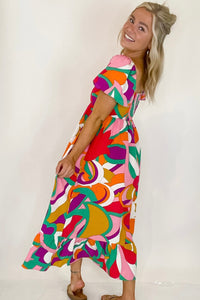 Abstract Print Square Neck Flowy Midi Dress