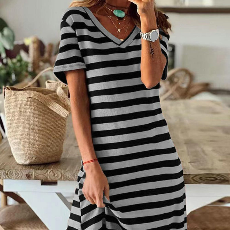 Summer Dresses 2023 Woman Plus Size Dresses For Women Casual Stripe Print V-neck Short Sleeve Loose Long Dress Robe Femme