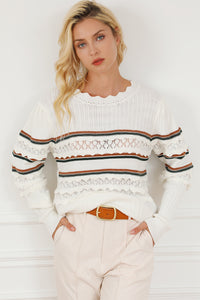 White Striped Ribbed Scalloped Detail Knit Sweater