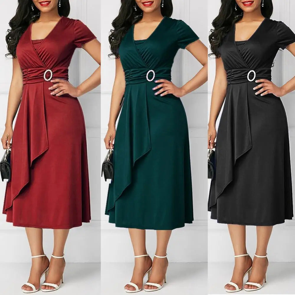 2024 Summer Elegant V-neck Plus Size 4XL 5XL Night Dress Women Dresses Sexy Ruched High Waist Evening Party Midi Dress Vestidos