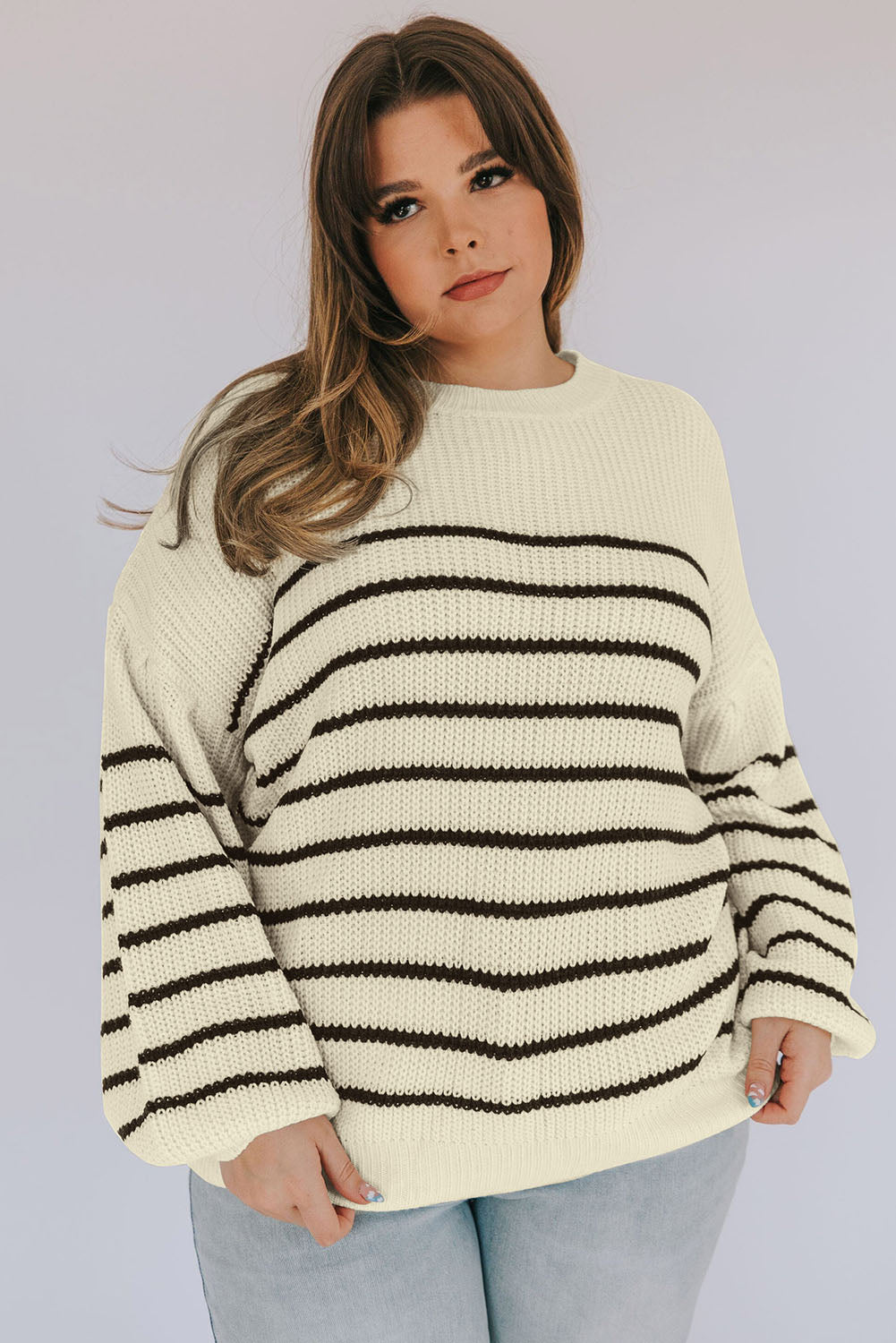 Khaki plus Size Striped Drop Shoulder Puff Sleeve Sweater