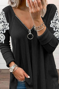 Zip V Neck Lace Patch Long Sleeve Tunic Top