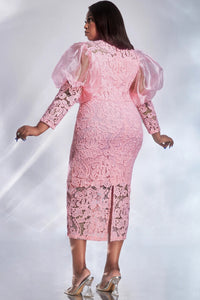 Women Plus Size Formal Dress Pink Lace Puff Sleeve See-Through Midi Dress Elegant Sweet Wedding Guest Cocktail Bodycon Dresses