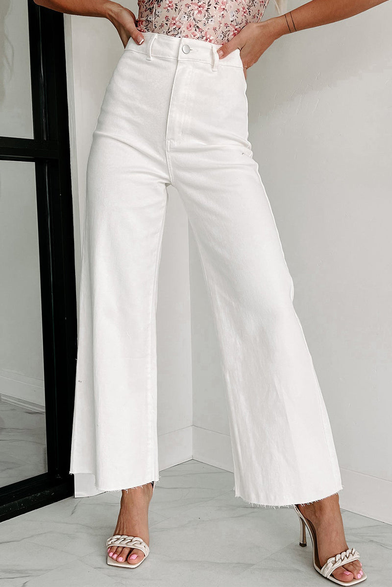 White Solid Raw Hem Wide Leg Crop Jeans