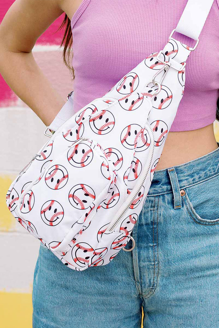 White Smile Face Baseball Print Wide Belt Sling Bag