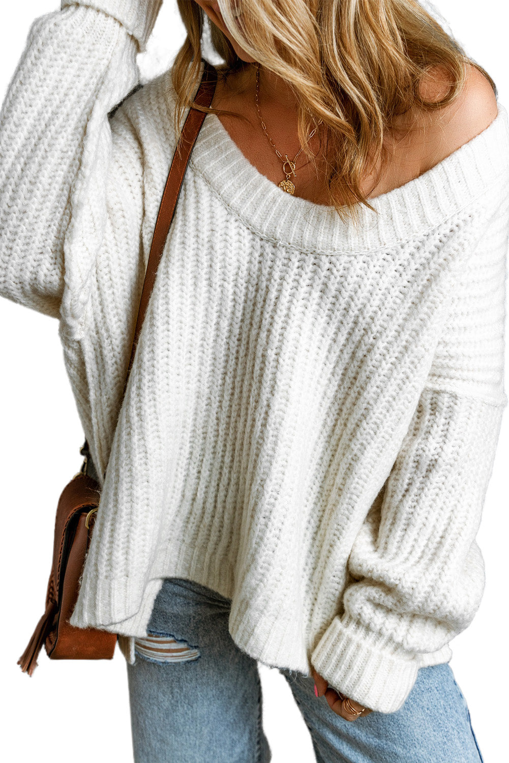 Khaki Ribbed Knit Round Neck Slouchy Chunky Sweater