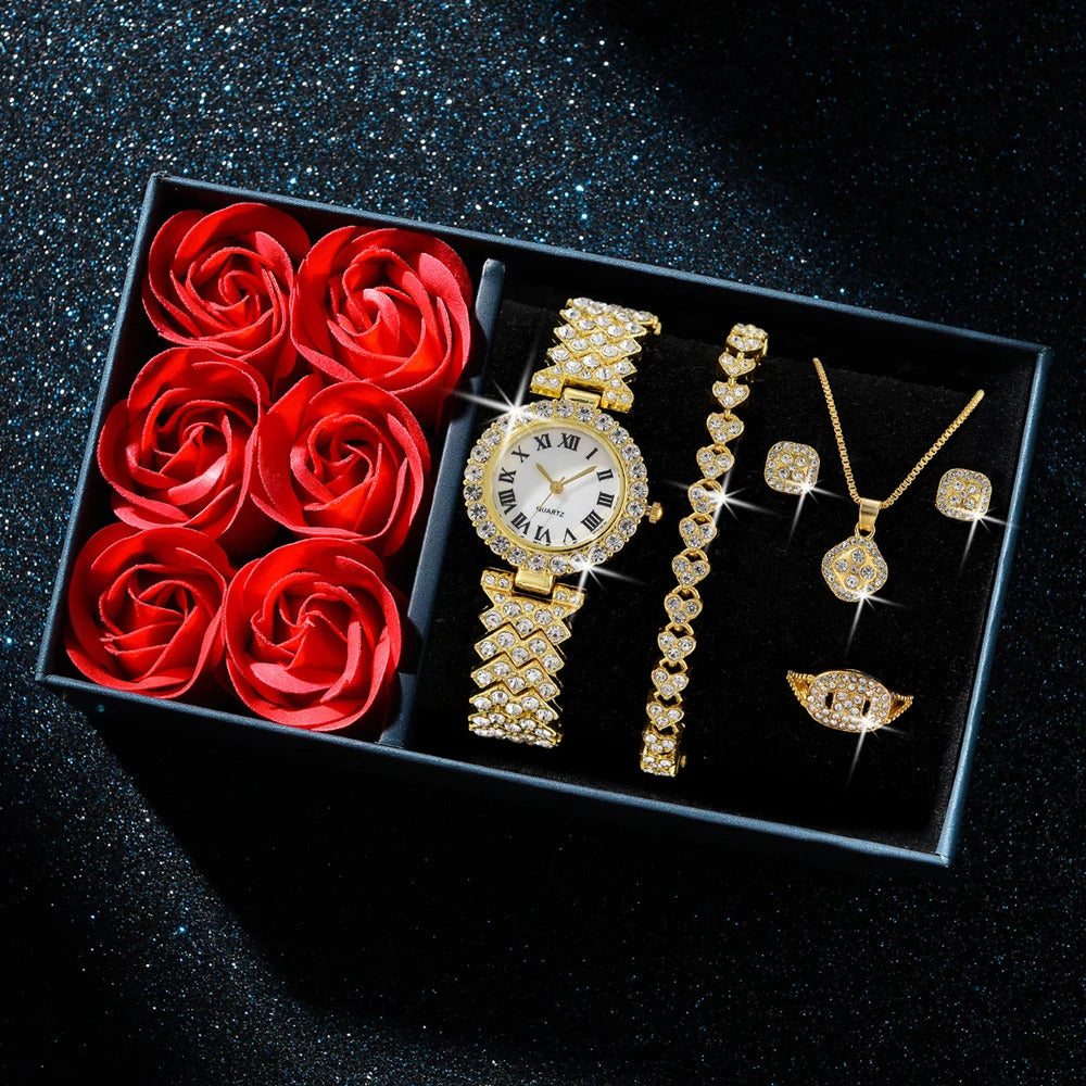 Fashion Luxury Women Gold Watch Bracelet Necklace 6Pcs Set Ladies Diamond Quartz Wristwatch Valentine's Day Mother's Day Gift