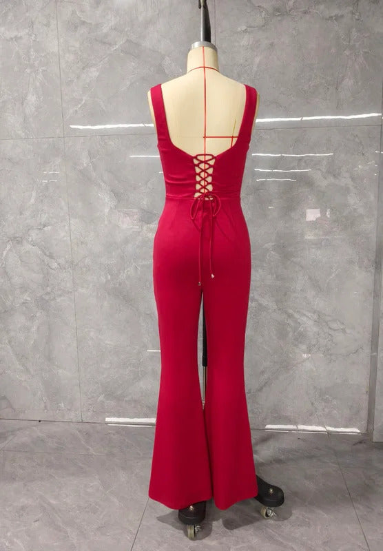 Sexy Summer Women's Red Camisole Jumpsuit Square Neck Backless LaceUp Straight Leg Jumpsuit Elegant Women Commuting Daily Outfit