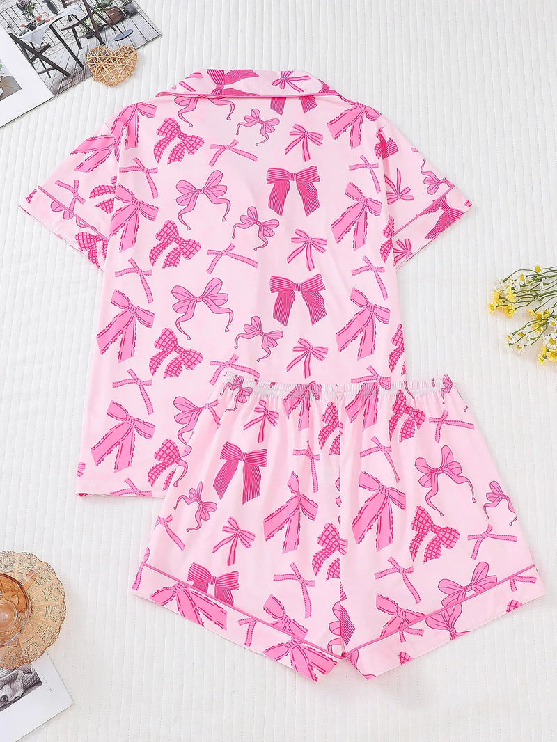 Cute bow print pajama set for women comfy short-sleeved top with lapels and loose stretch shorts loungewear for women