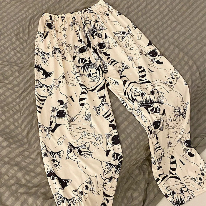 Pajama Pants Woman Cartoon Moe Cat Big Battle Pajama Trousers Female Student Trousers Loose Casual Trousers Lady Sleeping Pants