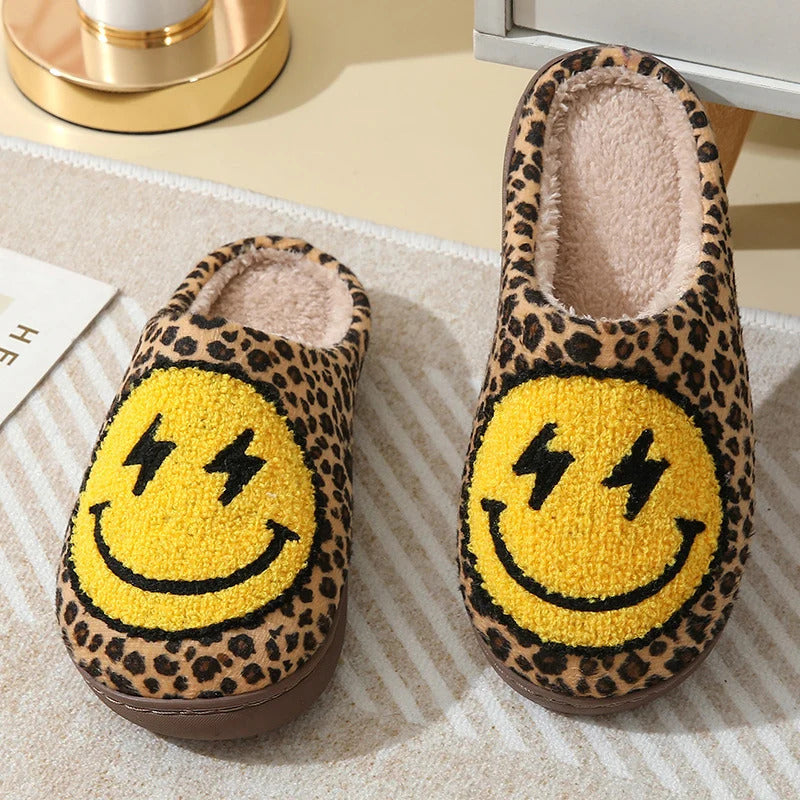 Leopard Print Winter Slippers Women Lightning Smile Face Fluffy Fur Slippers Woman Indoor Anti-slip Furry Couple Cotton Slides