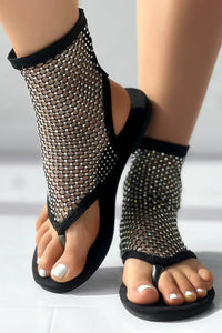 Black Hollowed Rhinestone Stud Clip Toe Sandals