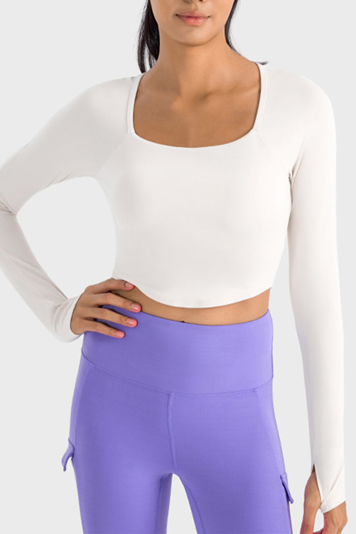 White Square Neck Long Sleeve Padded Active Cropped Top