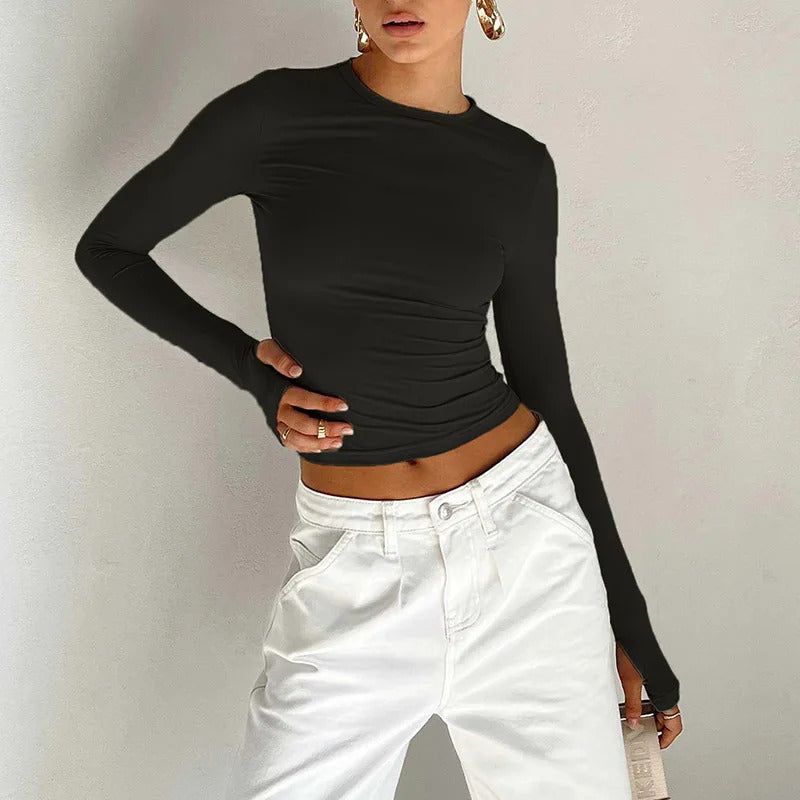 Fashion Women T-shirt Long Sleeve Crew Neck Solid Slim Fit Ladies Crop Top with Thumb Holes for Daily Streetwear Summer Camis