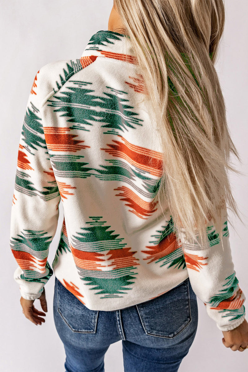 Multicolour Western Aztec Snap Buttoned Fleece Jacket