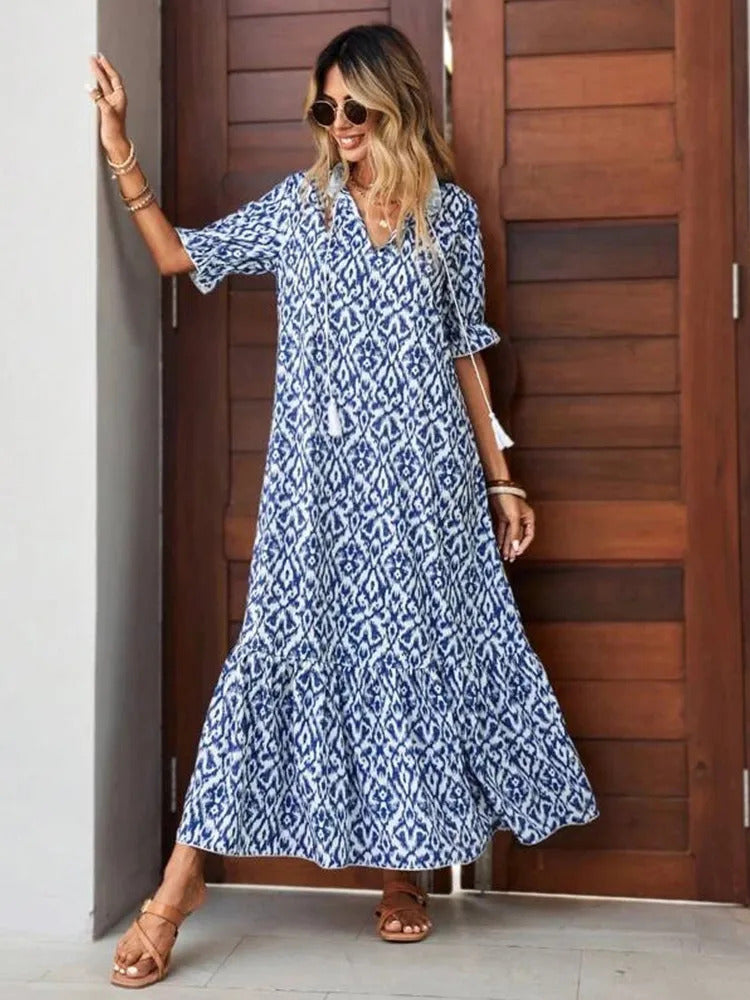 Women's Summer Chiffon V Neck Short Sleeve Floral Flowy A Line Maxi Dress Boho Flounce Tiered Swing Long Beach Dresses