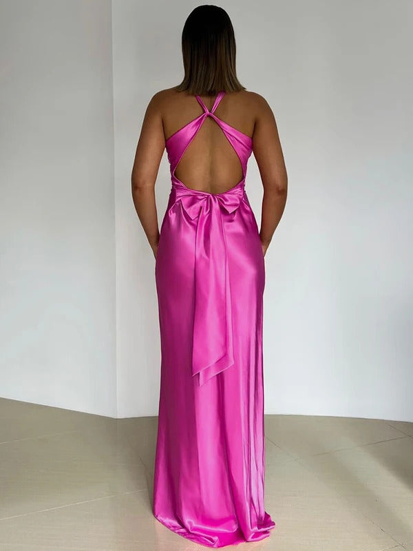 Mozision Satin Bow Backless Sexy Maxi Dress For Women Gown Fashion V Neck Sleeveless Club Party Evening Dress Elegant