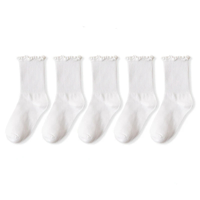 5 pair /Lot Socks for Women Ruffle Cotton Middle Tube Ankle Short Breathable Black White set Spring Autumn