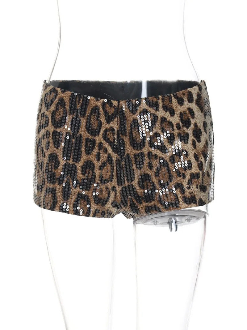 Sexy Chic Leopard Printed Super-short Night Club Shorts Women Fashion Skinny Sequins Short Pants Evening Party Outfit Streetwear