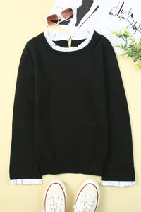 Black Solid Ruffled Crew Neck Knit Sweater