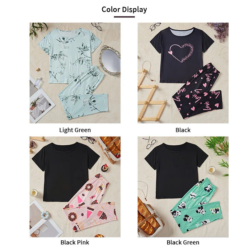 Women's Pajama Set Casual Heart print T-Shirt With Pants Sleepwear Loungewear Nightwear 2 Piece Sets Pijama Pajamas for women