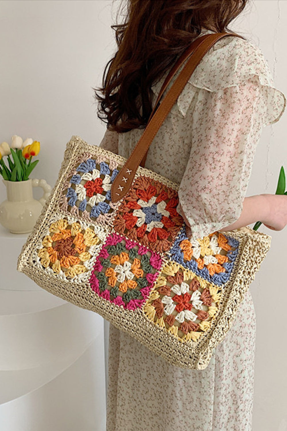 Beige Floral Crochet Large Square Tote Bag