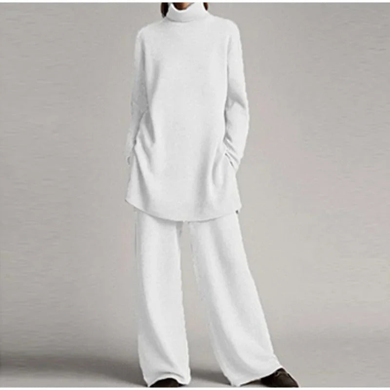 Loose Knitted Pullover Pants Set Women Casual Turtleneck Sweater Wide Legs Long Trousers 2025 Spring New Lady Solid Suits