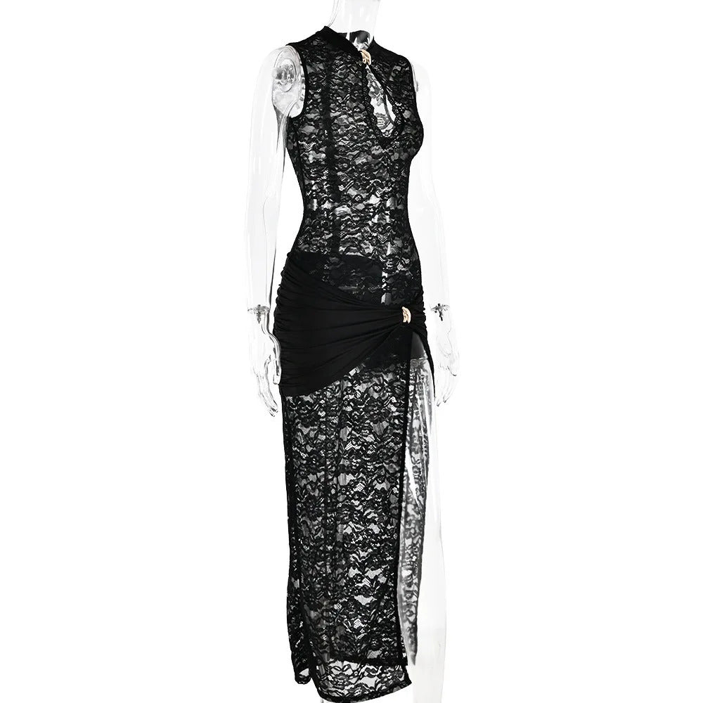 Sibybo Black Lace Long Dress For Women Sleeveless Hollow Out High Slit Bodycon Evening Dresses Sexy Slim Party Vestidos