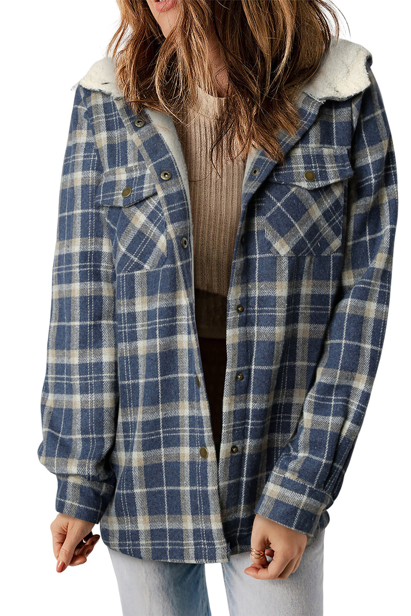 Blue Plaid Pattern Sherpa Lined Hooded Shacket