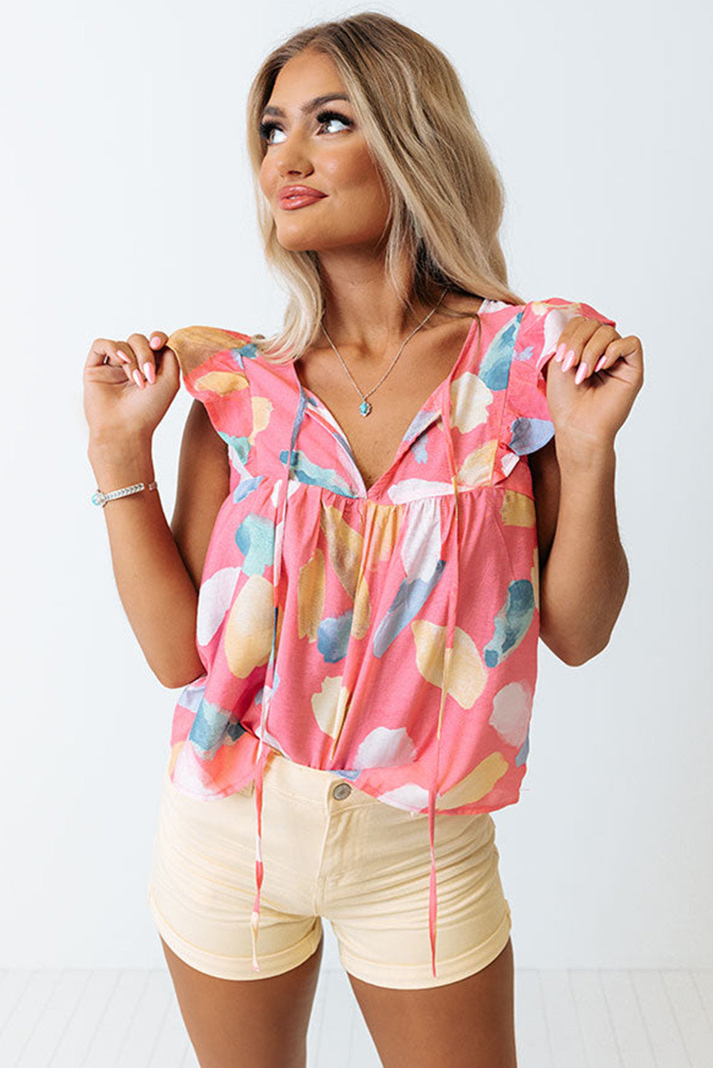 Pink Splotches Pattern Ruffled Cap Sleeve Shift Top