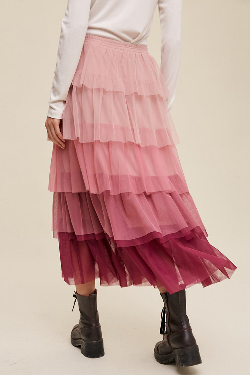 Pink Gradient Ruffle Tiered Mesh Maxi Skirt