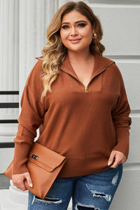 Brown Solid Ribbed Trim Plus Size Zip Collar Sweater