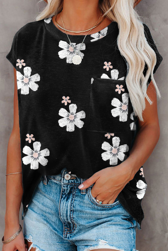 Black Floral Cap Sleeve T-Shirt with Pocket