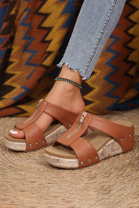 Camel Hollow Out Zipped Studded Wedge Slippers